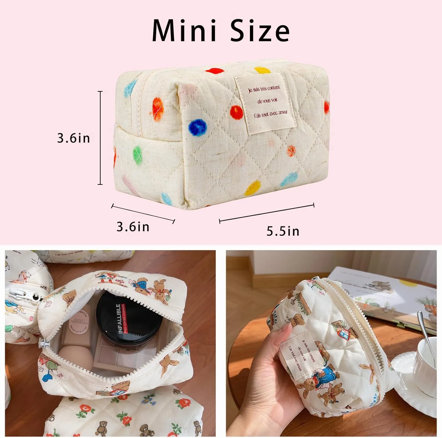 uekeboag Cute Small Quilted Cotton Makeup Pouch for Women and girls,Coquette Quilted Toiletry Bag,Animal Coquette Mini Bag, Kawaii Travel Cosmetic Bags(07Coloured Dots)