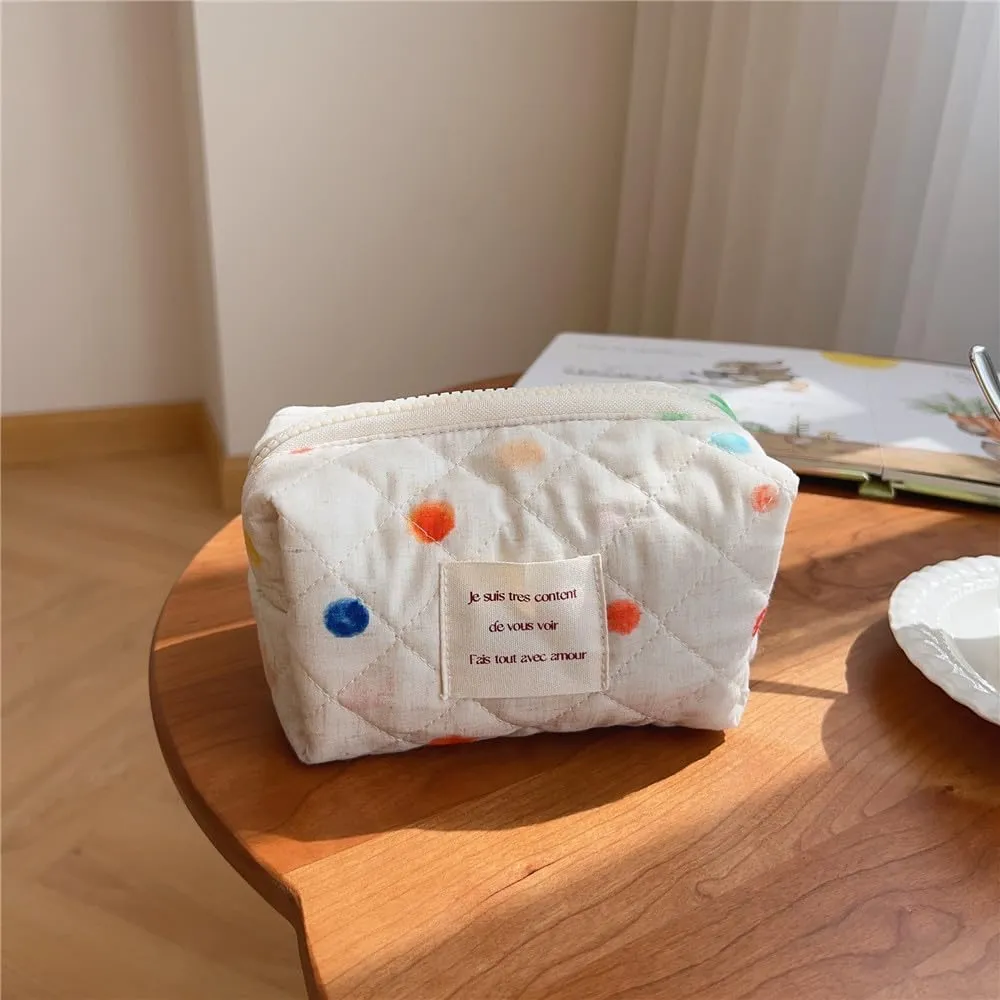 uekeboag Cute Small Quilted Cotton Makeup Pouch for Women and girls,Coquette Quilted Toiletry Bag,Animal Coquette Mini Bag, Kawaii Travel Cosmetic Bags(07Coloured Dots)