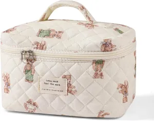 uekeboag Large Travel Quilted Makeup Bag for Women, Floral Cotton Cosmetic Bag, Coquette Aesthetic Floral Toiletry Organizer Bag