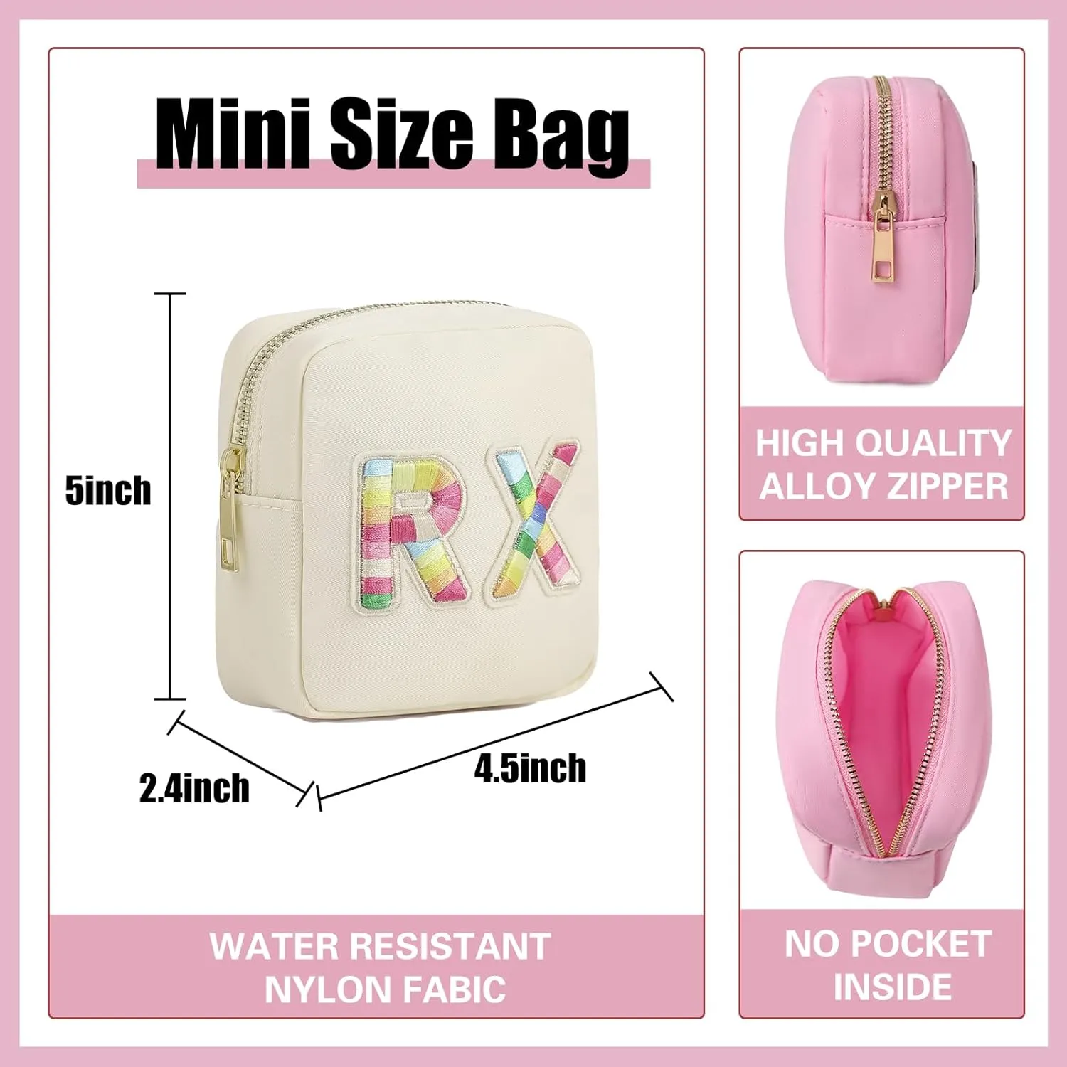 uekeboag Personalized Small Nylon Rx Cosmetic Bag, Cute Chenille Letter Patch Medicine Drug Pouch with Zipper,Preppy Makeup Travel Vitamin Bag for Women and Girls（01Sand）