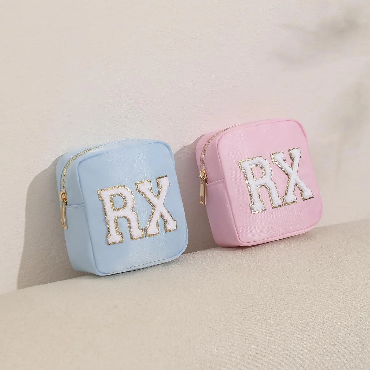 uekeboag Personalized Small Nylon Rx Cosmetic Bag, Cute Chenille Letter Patch Medicine Drug Pouch with Zipper,Preppy Makeup Travel Vitamin Bag for Women and Girls（01Sand）