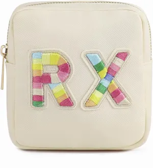 uekeboag Personalized Small Nylon Rx Cosmetic Bag, Cute Chenille Letter Patch Medicine Drug Pouch with Zipper,Preppy Makeup Travel Vitamin Bag for Women and Girls（01Sand）
