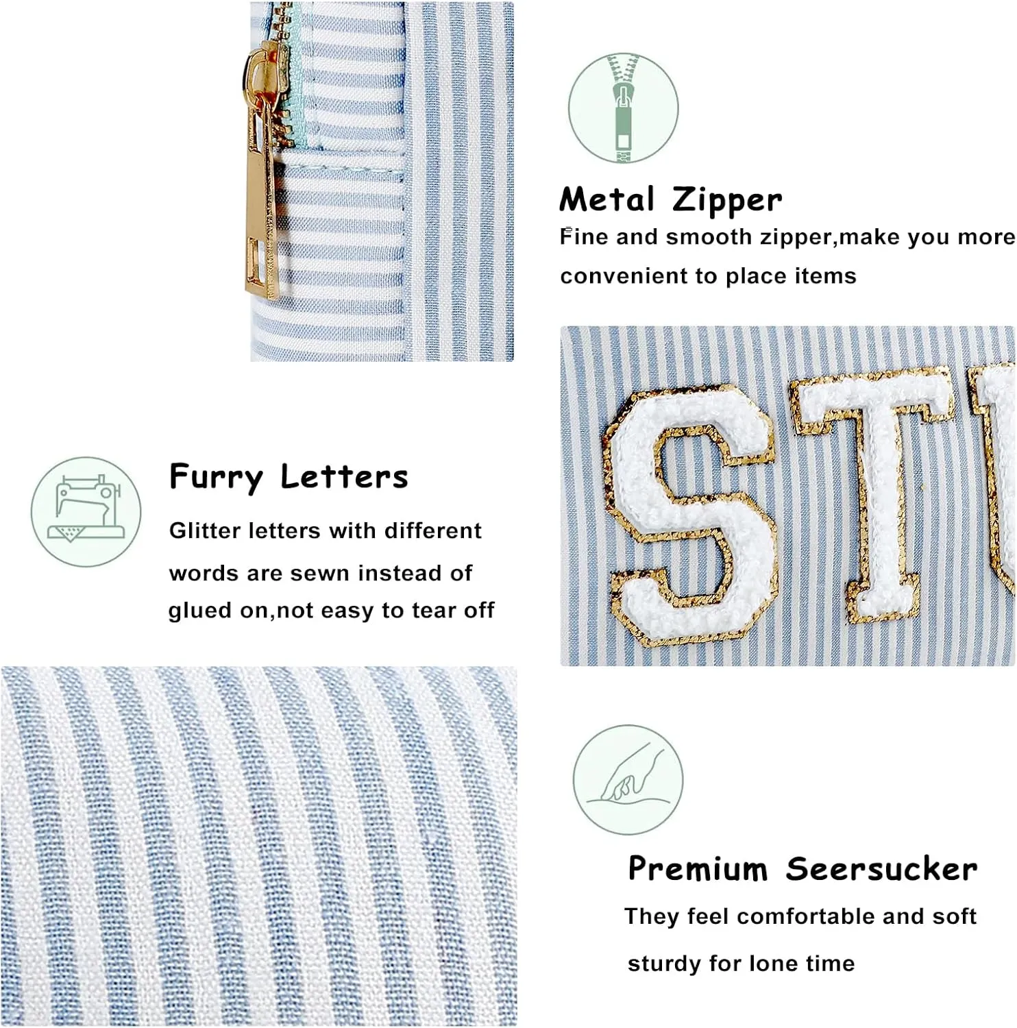 uekeboag Seersucker Chenille Letter Stuff Meds RX Makeup Bag, Travel Washable Purse Organizer with Zipper, Lightweight Toiletry Cute Personalized Preppy Cosmetic Bag For Women and Girls(3pcs Blue)