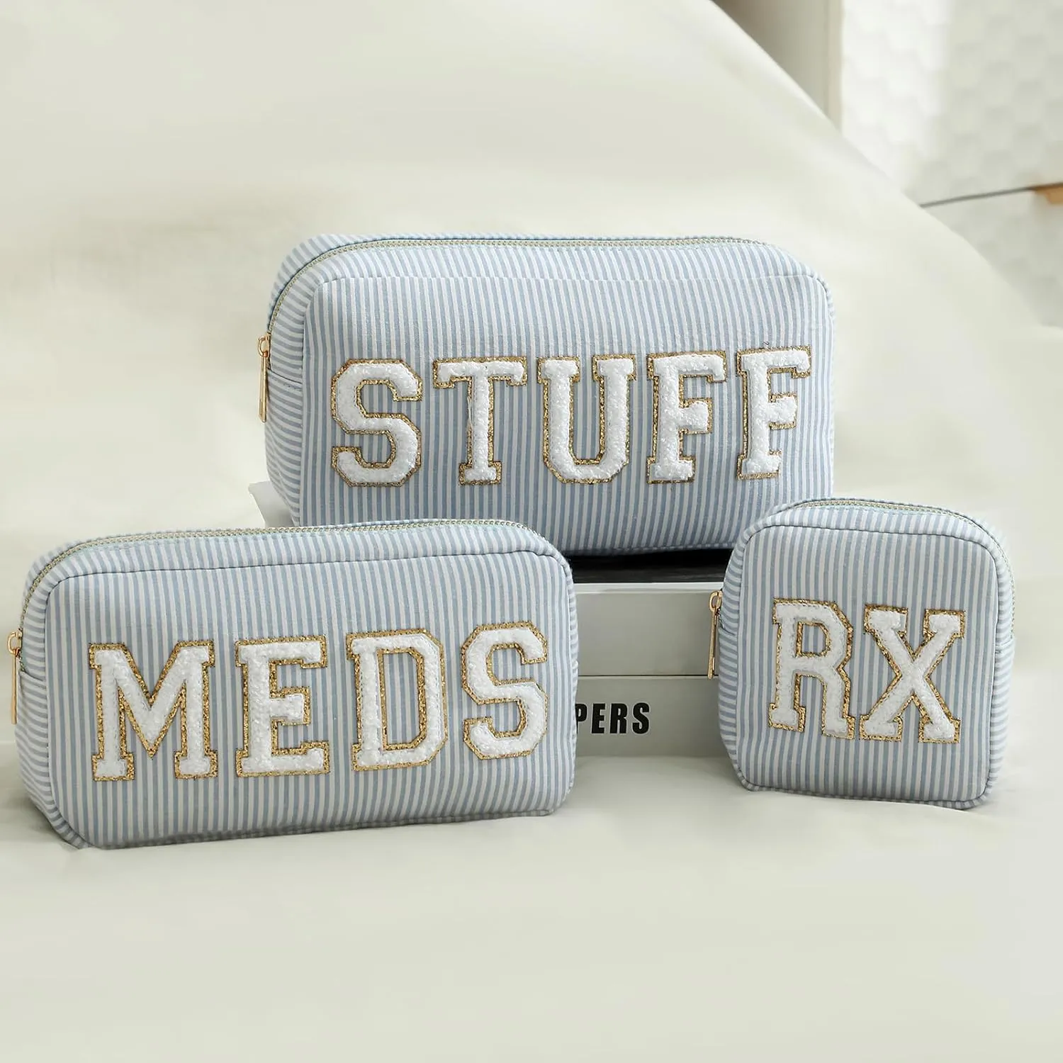 uekeboag Seersucker Chenille Letter Stuff Meds RX Makeup Bag, Travel Washable Purse Organizer with Zipper, Lightweight Toiletry Cute Personalized Preppy Cosmetic Bag For Women and Girls(3pcs Blue)