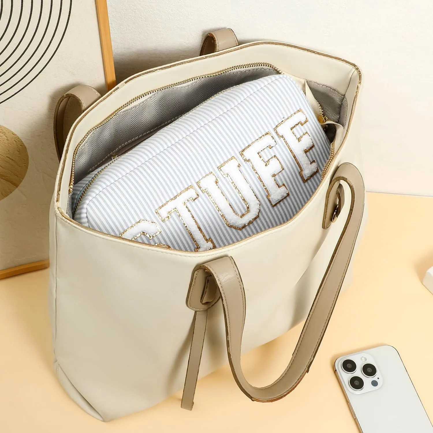 uekeboag Seersucker Chenille Letter Stuff Meds RX Makeup Bag, Travel Washable Purse Organizer with Zipper, Lightweight Toiletry Cute Personalized Preppy Cosmetic Bag For Women and Girls(3pcs Blue)
