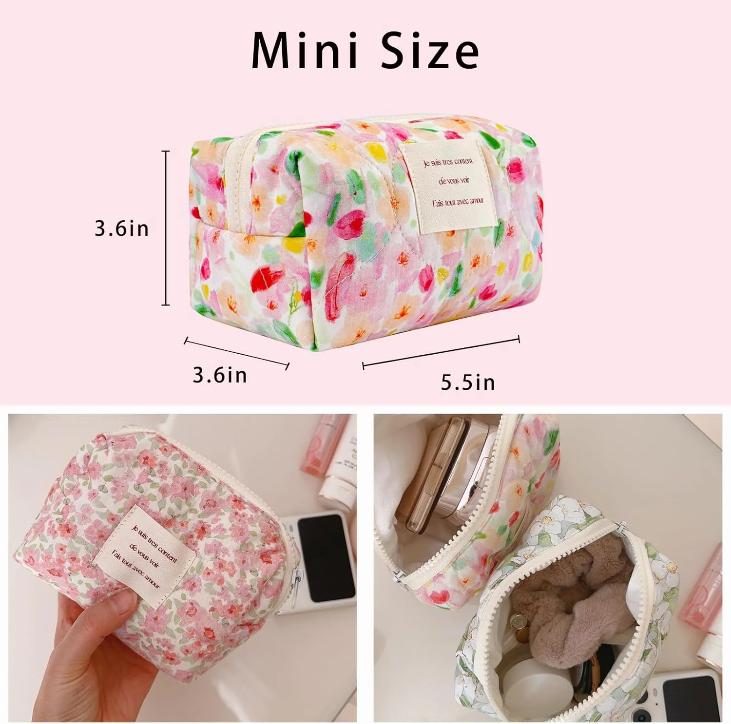 uekeboag Small Floral Quilted Cotton Makeup Pouch for Women and girls,Coquette Quilted Toiletry Bag,Cute Aesthetic Mini Bag, Kawaii Travel Cosmetic Bags(C-Watercolor Flower)