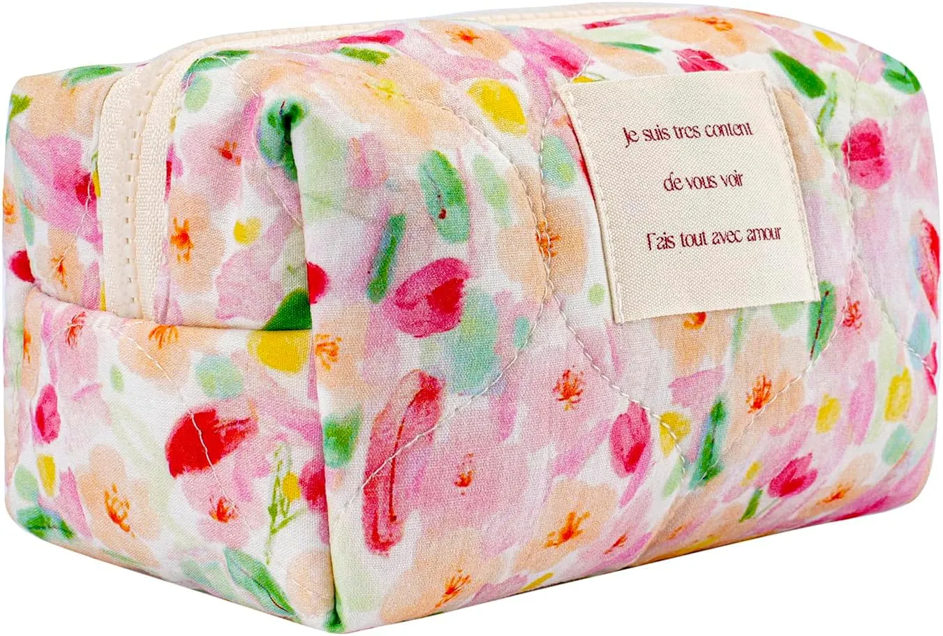 uekeboag Small Floral Quilted Cotton Makeup Pouch for Women and girls,Coquette Quilted Toiletry Bag,Cute Aesthetic Mini Bag, Kawaii Travel Cosmetic Bags(C-Watercolor Flower)