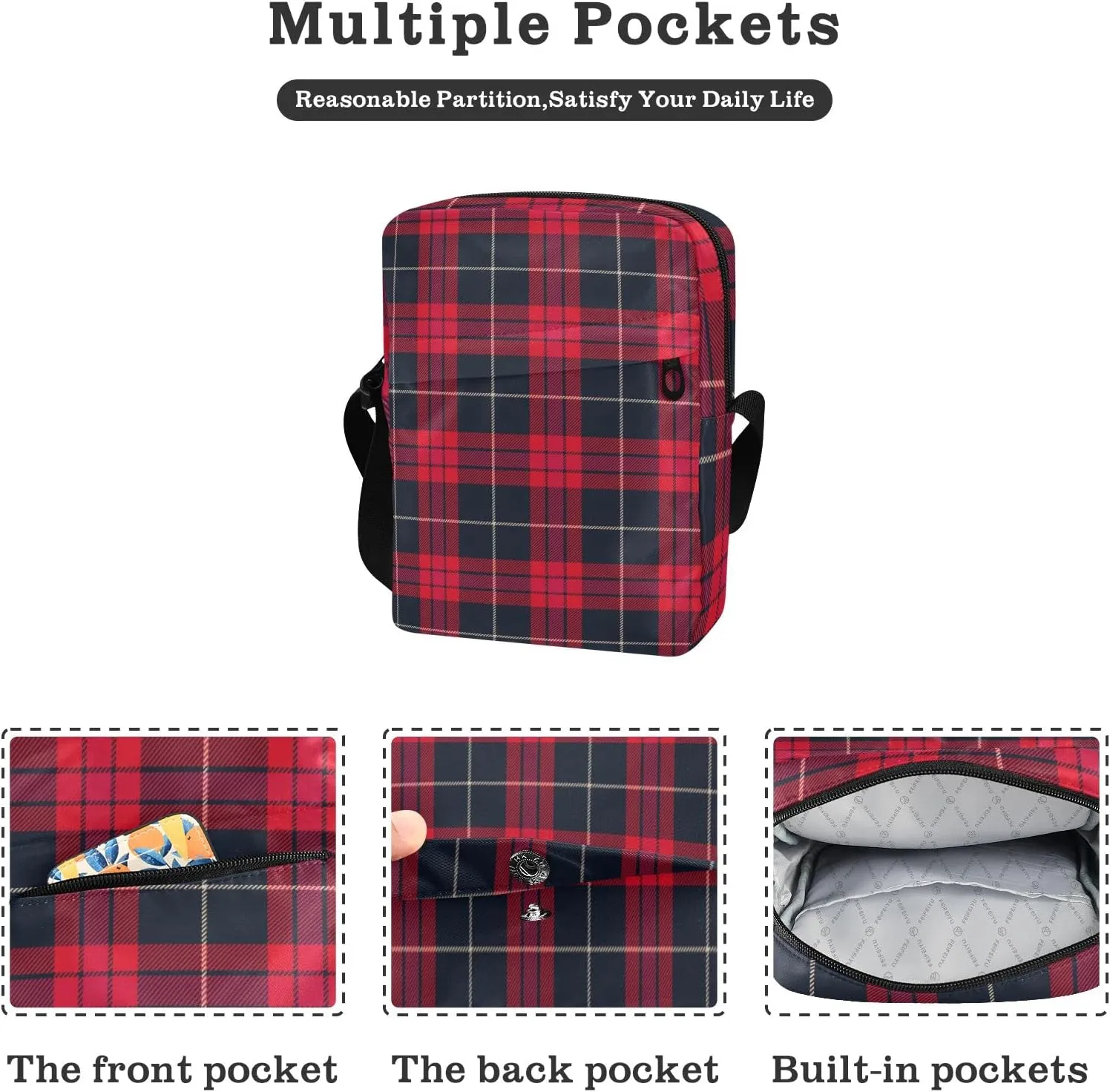 Unisex Crossbody Bag, Flannel Patterns Red Black Durable Sling Side Shoulder bags for men women, One Size