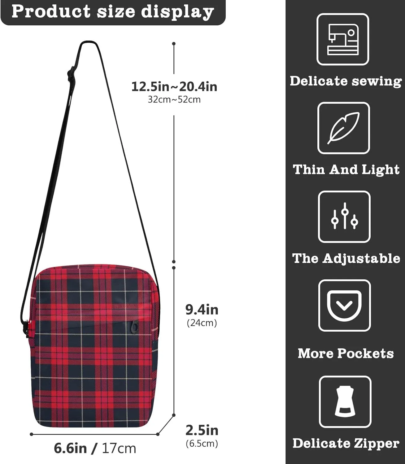 Unisex Crossbody Bag, Flannel Patterns Red Black Durable Sling Side Shoulder bags for men women, One Size