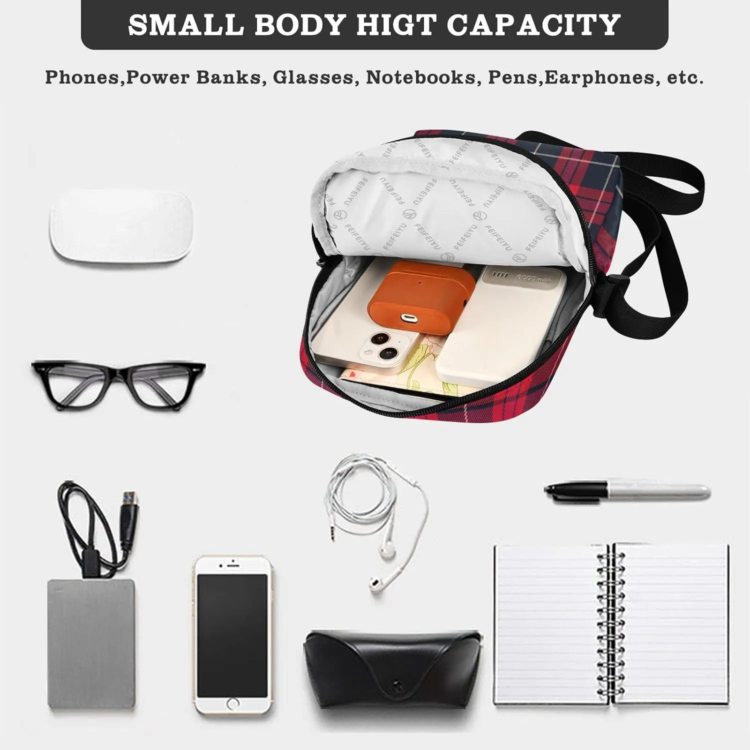 Unisex Crossbody Bag, Flannel Patterns Red Black Durable Sling Side Shoulder bags for men women, One Size