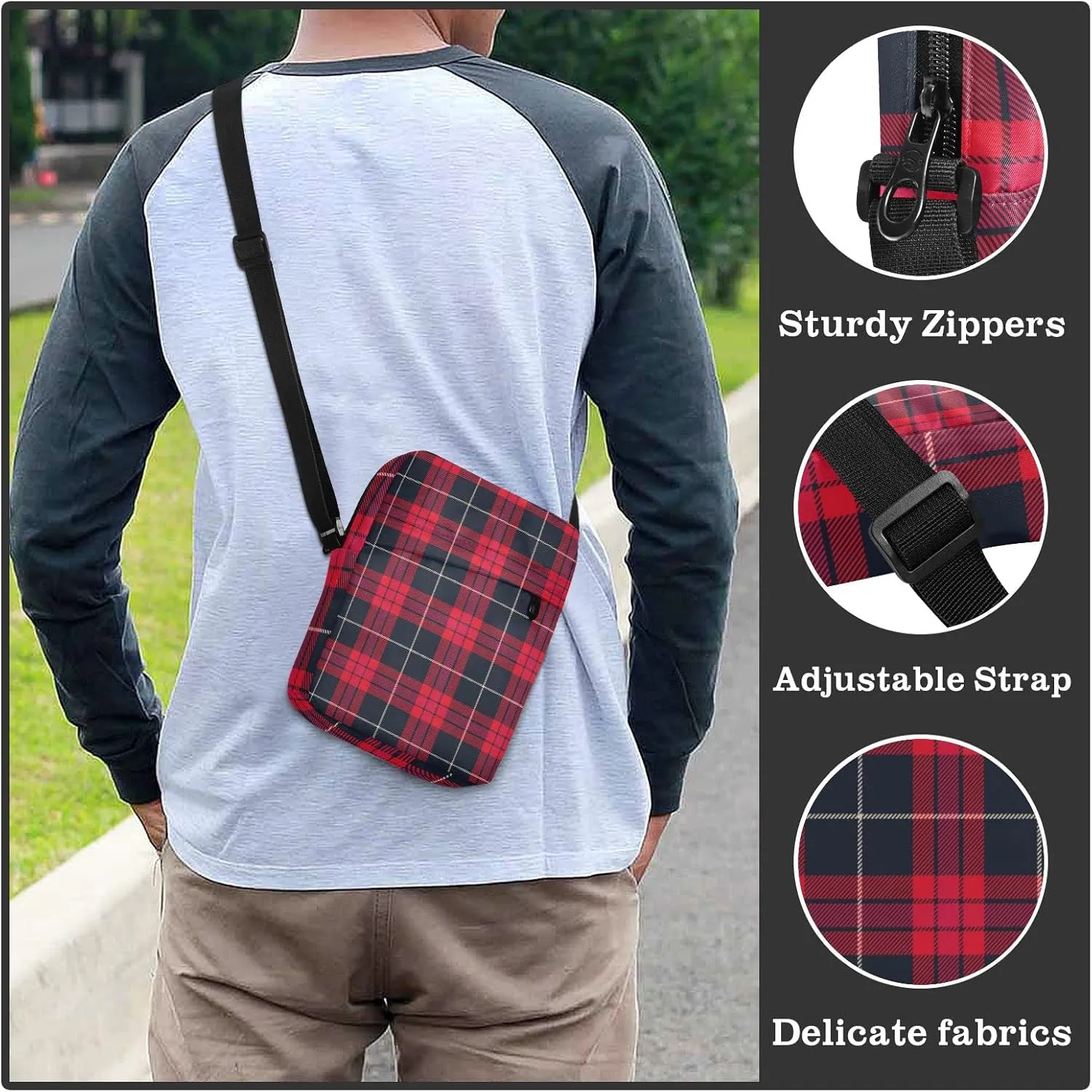 Unisex Crossbody Bag, Flannel Patterns Red Black Durable Sling Side Shoulder bags for men women, One Size