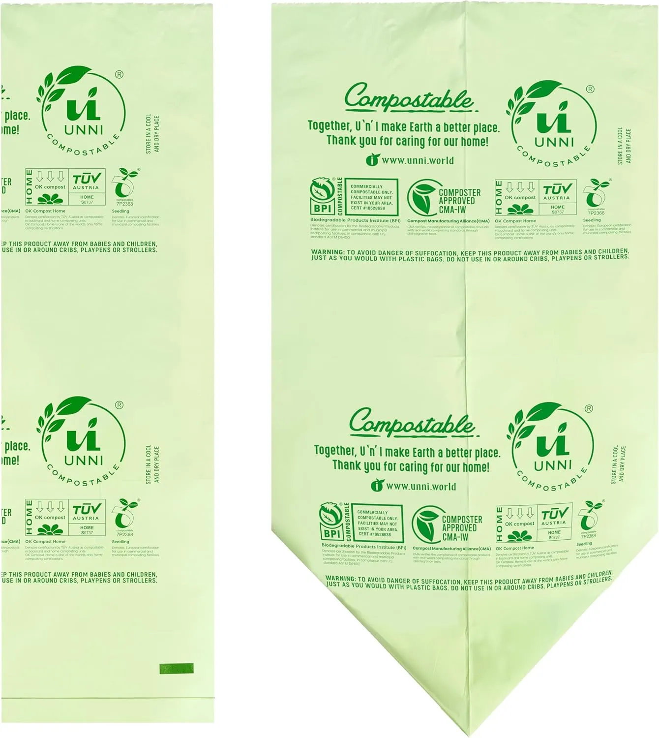 UNNI Compostable Liner Bags, 2.6 Gallon, 9.84 Liter, Extra Thick 0.71 Mil, 100 Count, Small Kitchen Food Scrap Waste Bags, ASTM D6400, US BPI, CMA and Europe OK compost HOME Certified, San Francisco