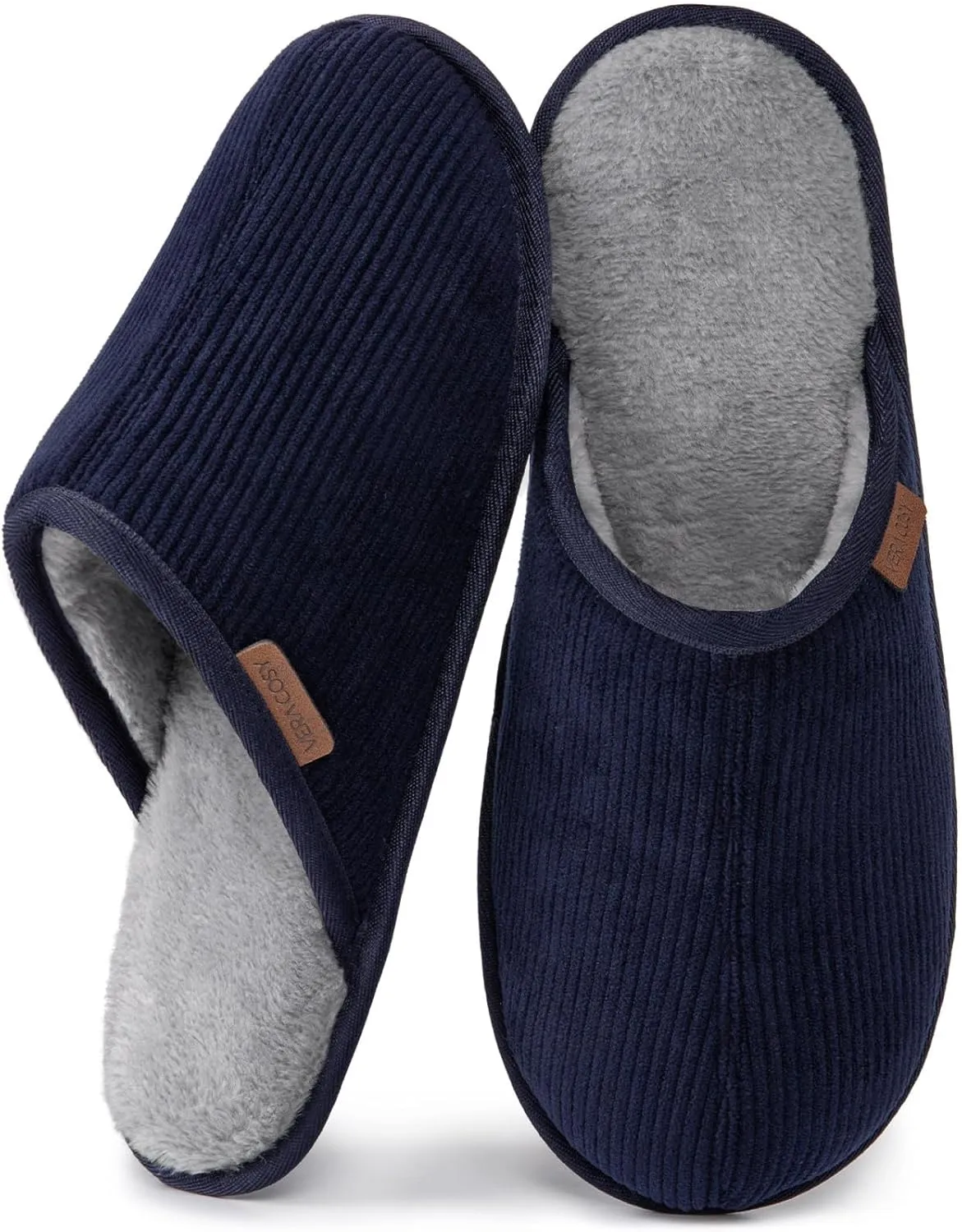 VeraCosy Men's Comfy Corduroy Memory Foam Scuff Slippers Soft Faux Fur Lined House Shoes with Anti-Skid Lightweight Sole