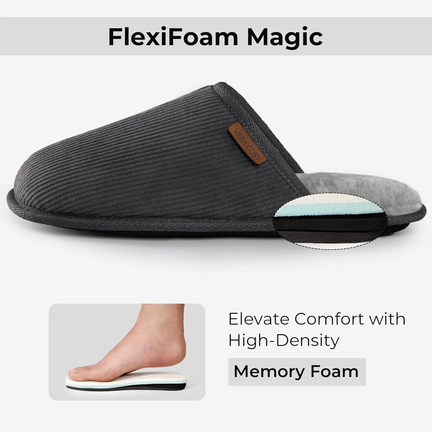 VeraCosy Men's Comfy Corduroy Memory Foam Scuff Slippers Soft Faux Fur Lined House Shoes with Anti-Skid Lightweight Sole