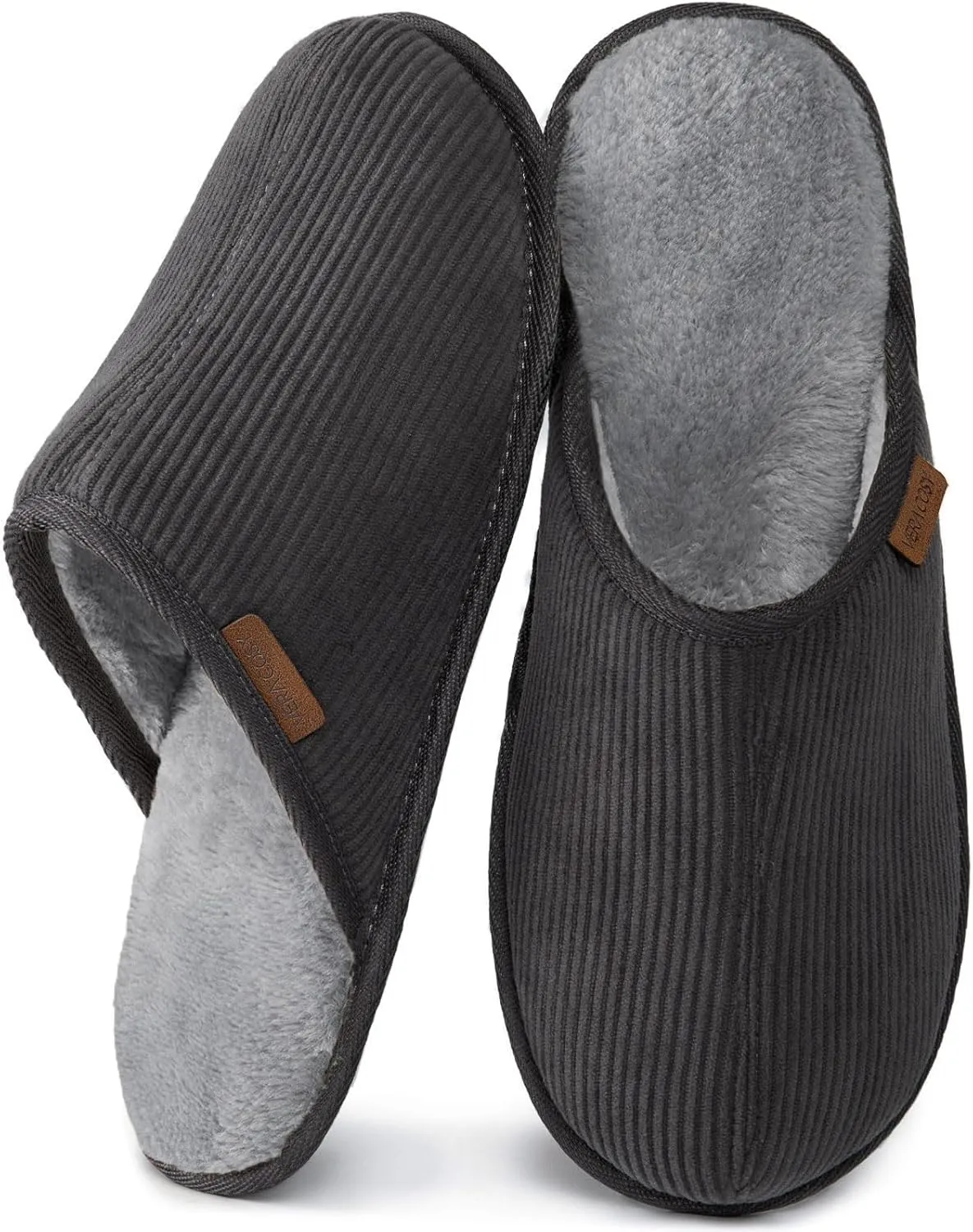 VeraCosy Men's Comfy Corduroy Memory Foam Scuff Slippers Soft Faux Fur Lined House Shoes with Anti-Skid Lightweight Sole