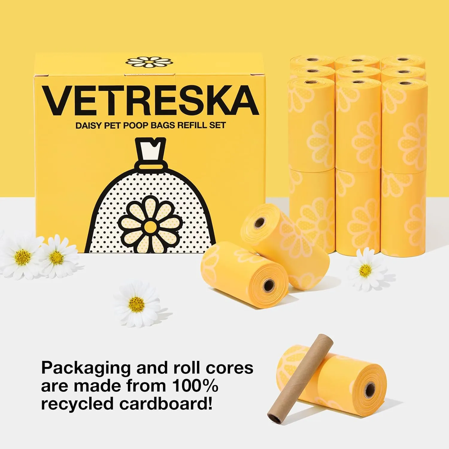 VETRESKA Dog Poop Bag Rolls Daisy Scented Leak-proof Pet Waste Bags Thick and Large Trash Bags for Dog Walking 20 Refill Rolls 300 Bags