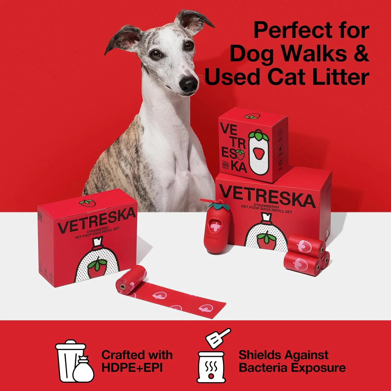VETRESKA Strawberry Scented Dog Poop Bags, Leak Proof, Extra Thick and Large Pet Waste Bags for Dogs Walking and Cat Litter, 36 Refill Rolls, 540 Bags, Red