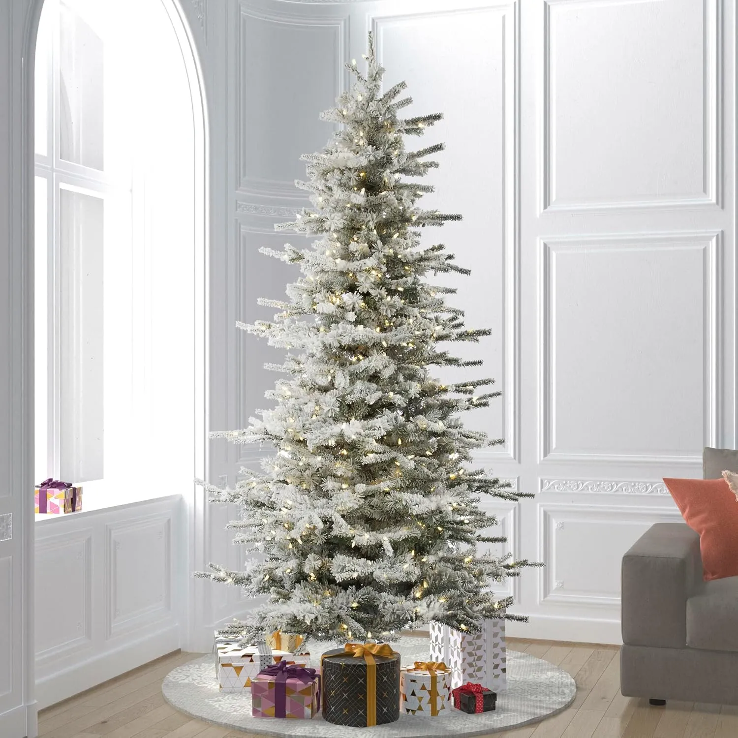 Vickerman 8.5' Flocked Sierra Fir Slim Artificial Christmas Tree, 850 Pure White LED Dura-Lit Lights - Snow Covered Faux Tree - Seasonal Indoor Home Decor