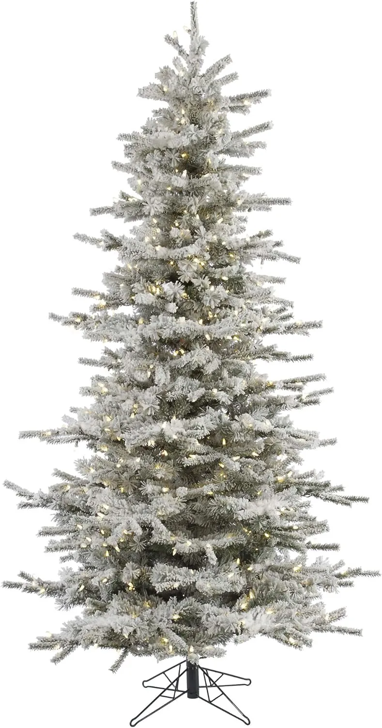 Vickerman 8.5' Flocked Sierra Fir Slim Artificial Christmas Tree, 850 Pure White LED Dura-Lit Lights - Snow Covered Faux Tree - Seasonal Indoor Home Decor