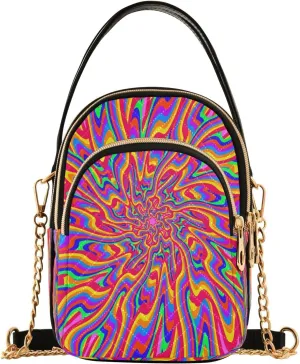Vintage Colorful Illusion Crossbody Bags for Women Quilted Chain Crossbody Purses Trendy Psychedelic Cross Body Phone Purse Handbag