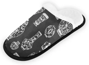 Vintage ink Chinese Vases with Flowers in Chinese Style on Dark Fuzzy Feet Plush Slippers, Anti-Slip Warm House Shoes, Hotel Spa Bedroom Travel Indoor Outdoor Shoes for Women Men M Size
