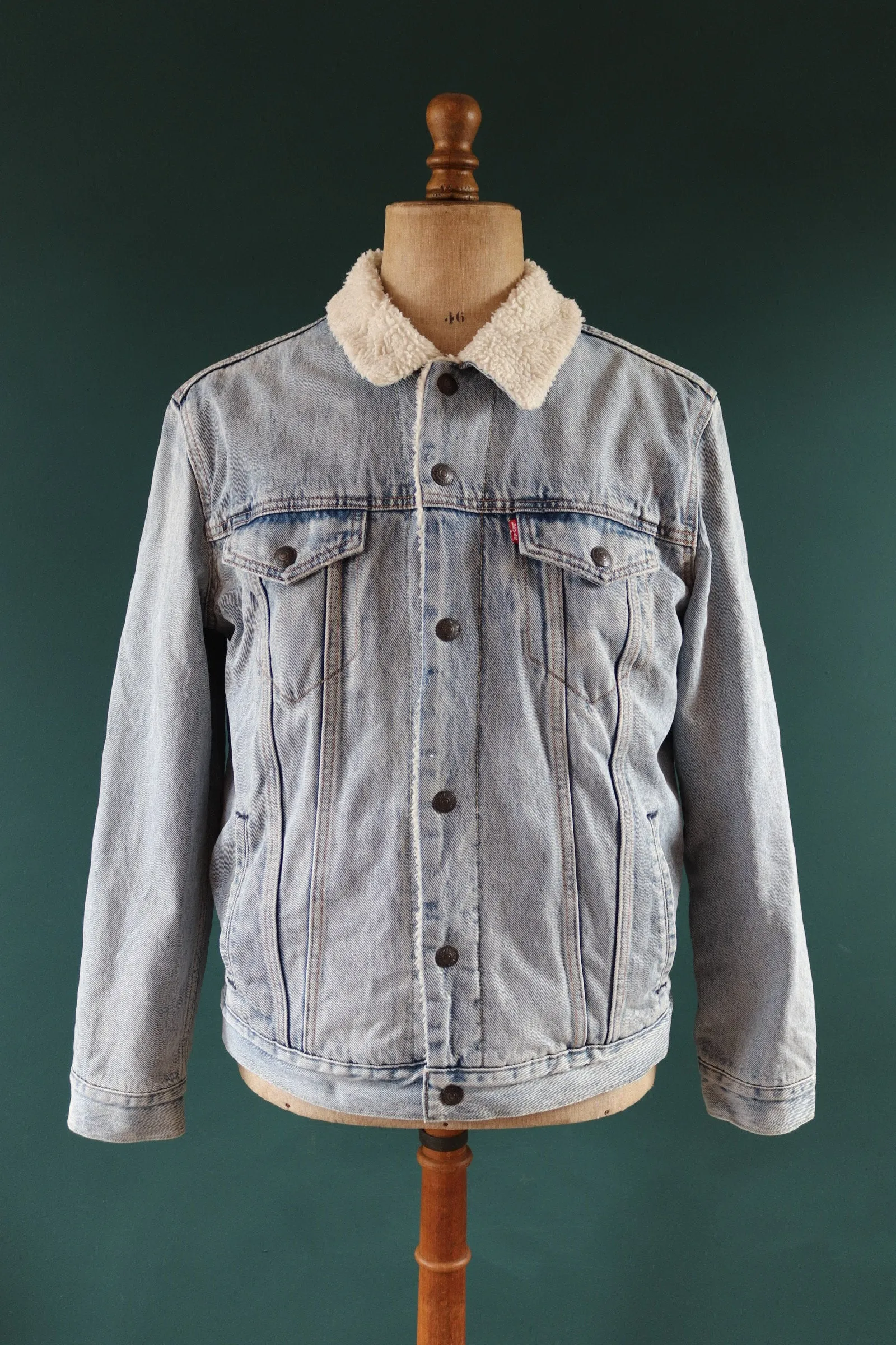 Vintage Levis big E denim jacket - Levis Strauss workwear - sherpa trucker - red tab - 47" chest