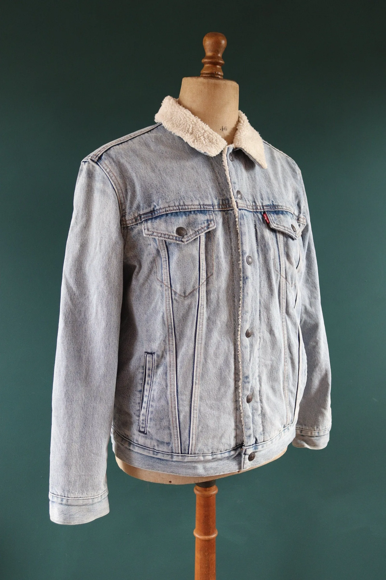 Vintage Levis big E denim jacket - Levis Strauss workwear - sherpa trucker - red tab - 47" chest