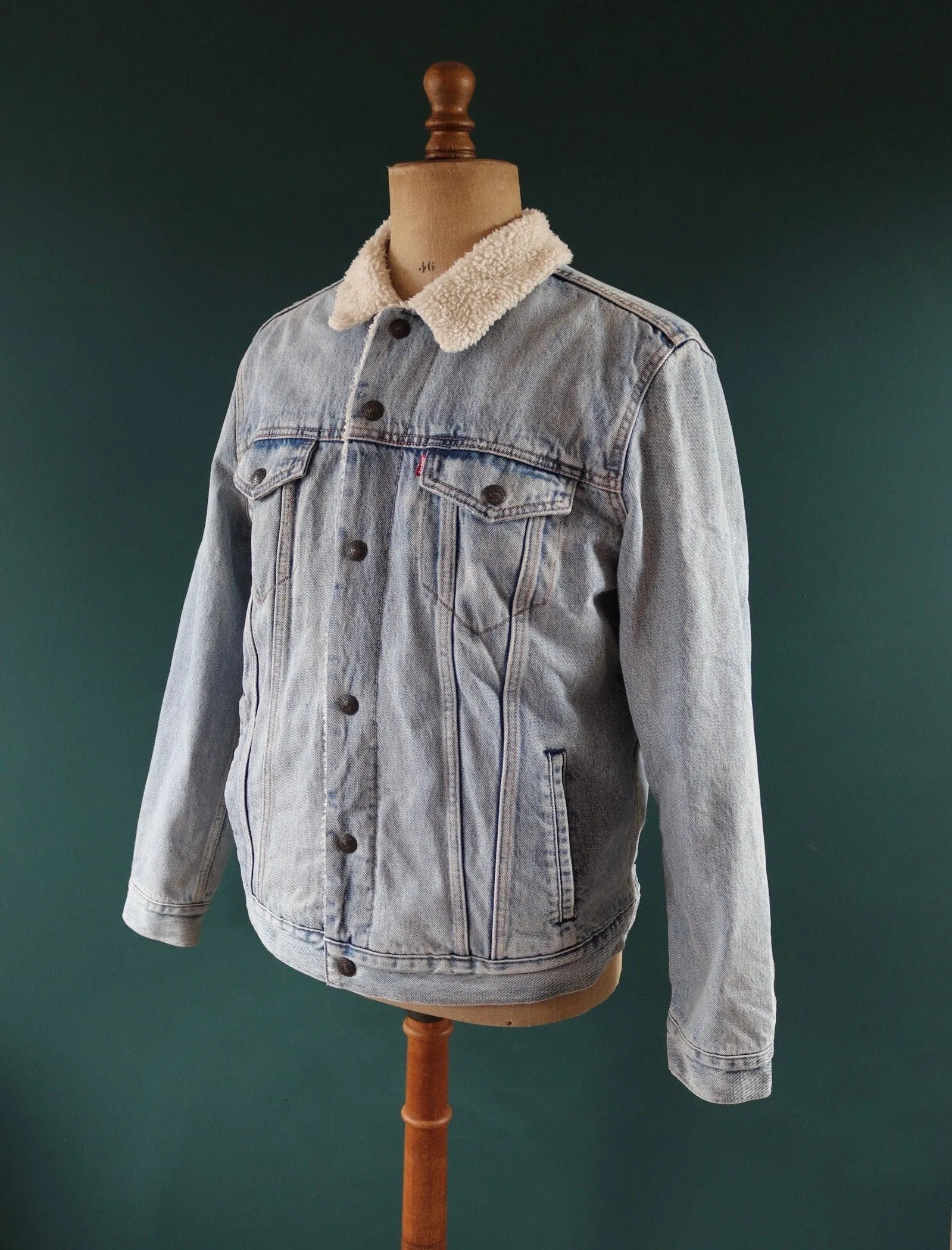 Vintage Levis big E denim jacket - Levis Strauss workwear - sherpa trucker - red tab - 47" chest