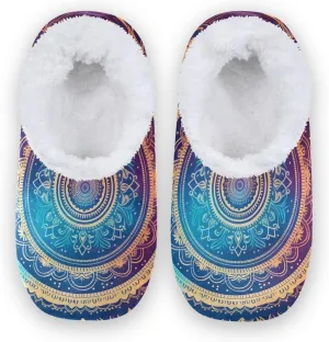 Vintage Watercolor Mandala Fuzzy Memory Foam Closed Back Slippers for Women Men Knit Fleece Lined House Shoes with Anti-Skid Sole Warm Socks for Hotel Outdoor Indoor Bedroom