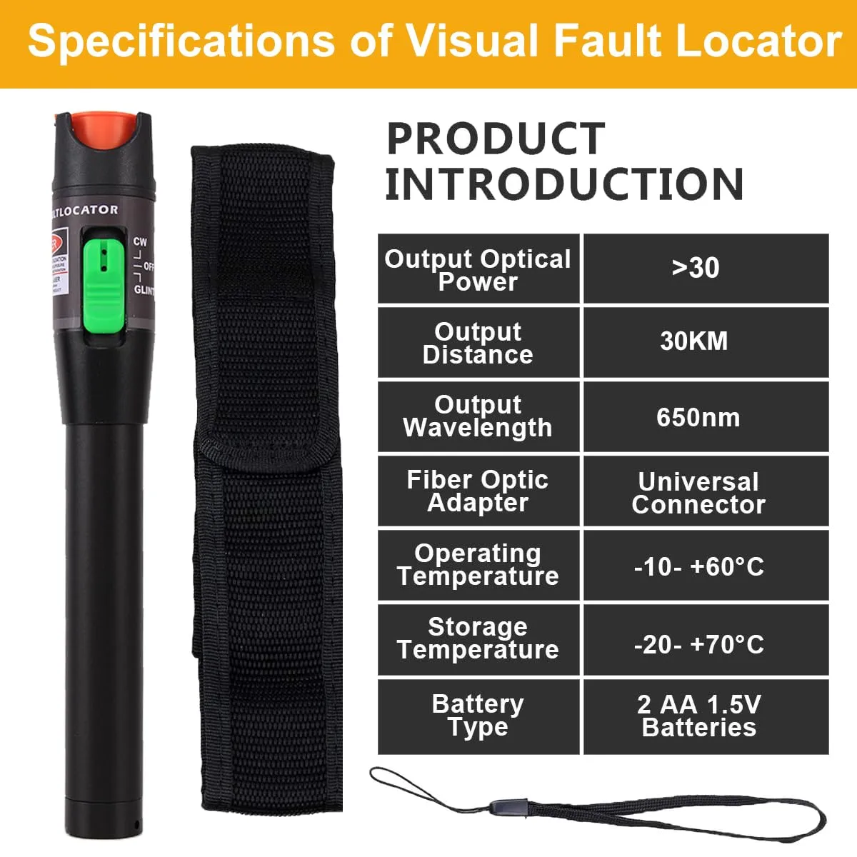 Visual Fault Locator 30KM, VFL Fiber Optic Tester Kit - Include Single Mode 9/125um FC Male to LC Female Adapter, Light Pen for Fiber Network Cable Test