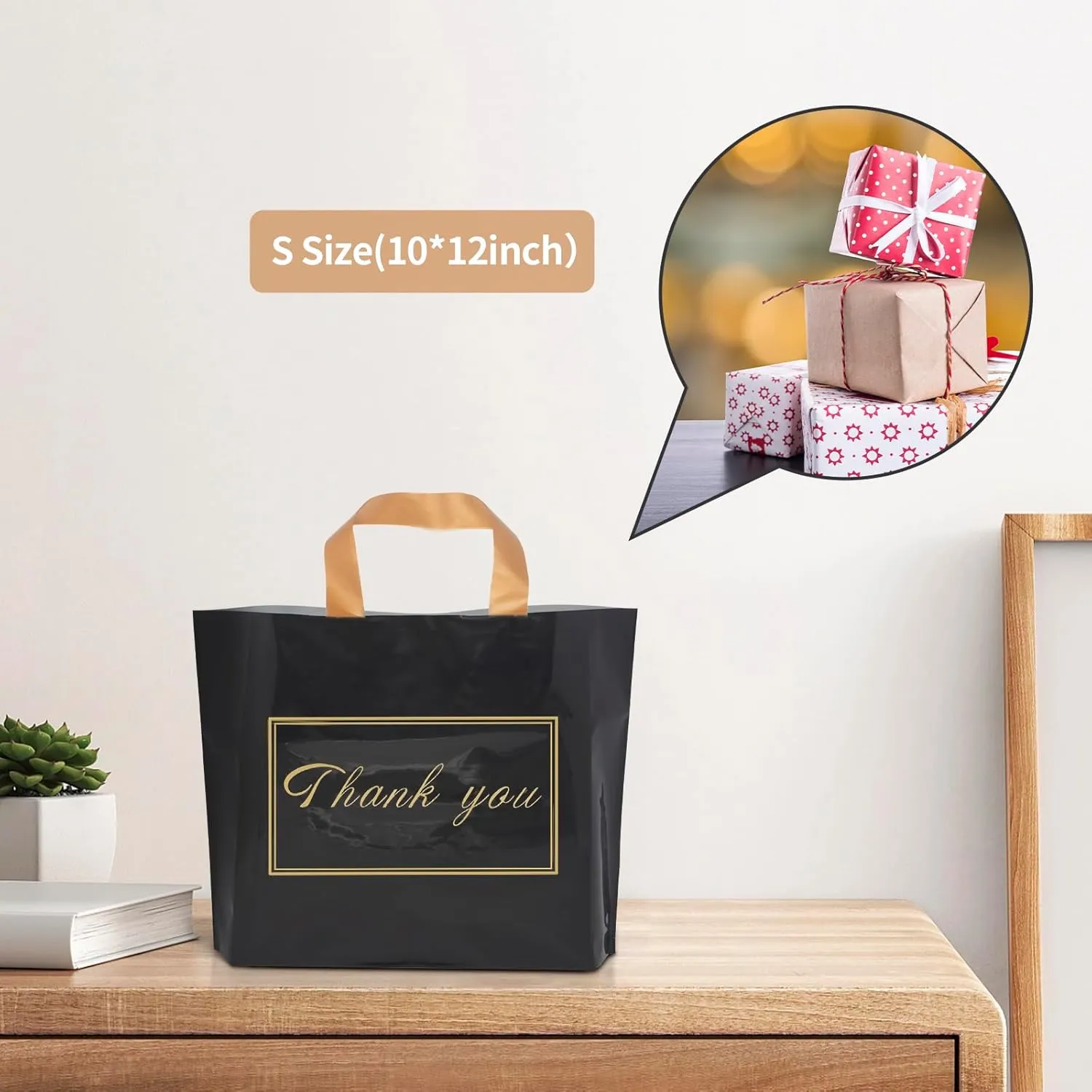 WAKAKO 60 Pack Thank You Bags Shopping Bags, 12x10 Inch Thank You Gift Bags with Handle for Small Business, Bulk Reusable Plastic Shopping Bags for Boutique, Black