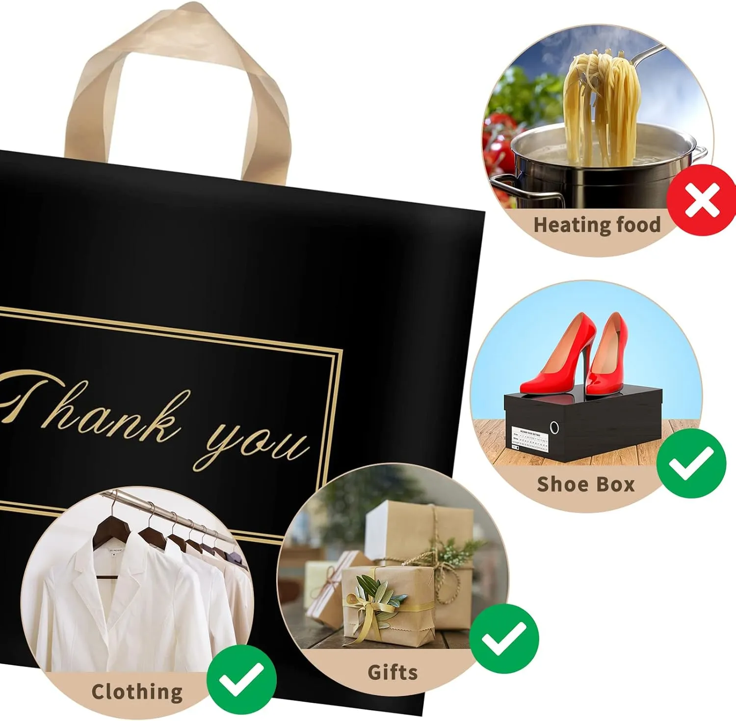WAKAKO 60 Pack Thank You Bags Shopping Bags, 12x10 Inch Thank You Gift Bags with Handle for Small Business, Bulk Reusable Plastic Shopping Bags for Boutique, Black