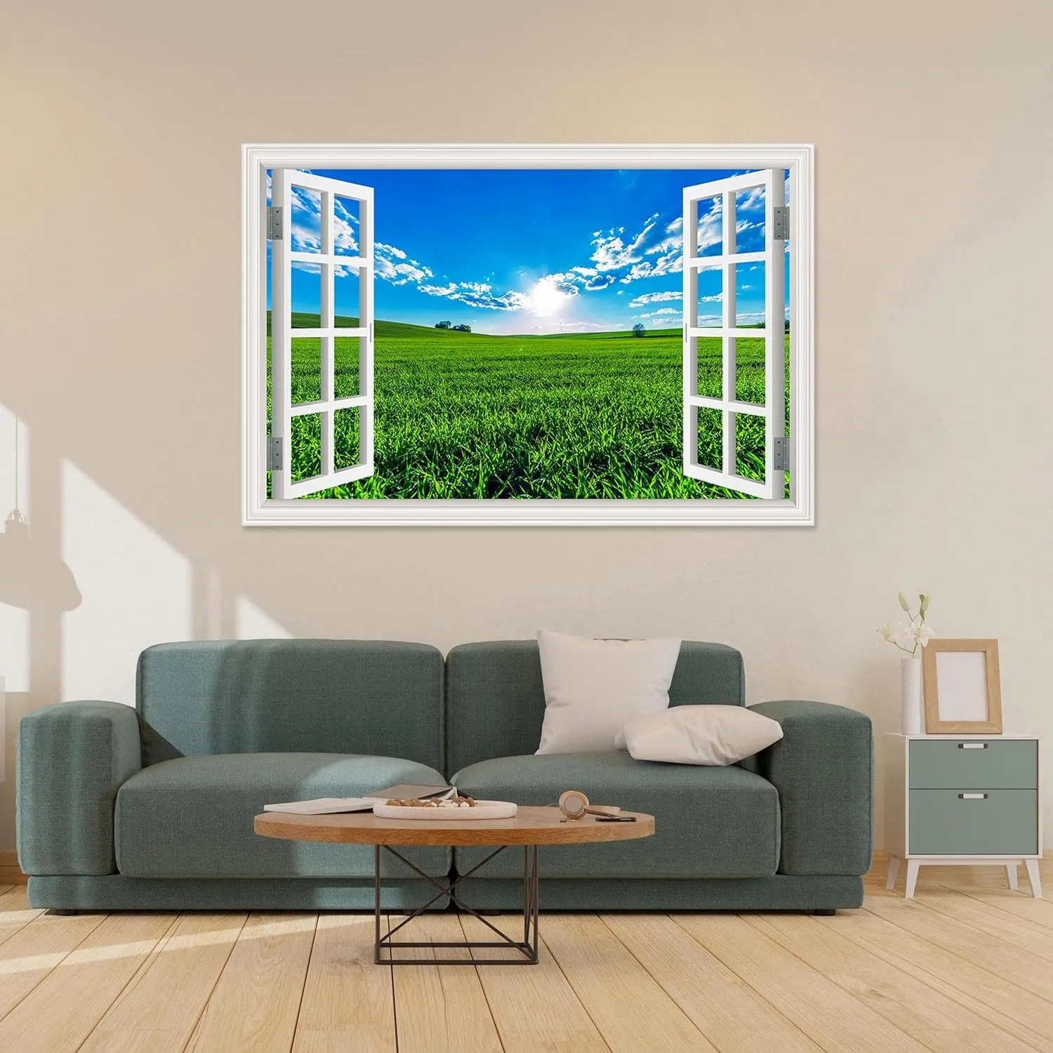 Wall Art Window Frame. Fake Window View Natural landscape Print. Window Canvas Wall Art Beautiful Prairie Scenery Painting Decor for Home Walls 60x100cm-23.6x39in Frameless