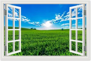 Wall Art Window Frame. Fake Window View Natural landscape Print. Window Canvas Wall Art Beautiful Prairie Scenery Painting Decor for Home Walls 60x100cm-23.6x39in Frameless