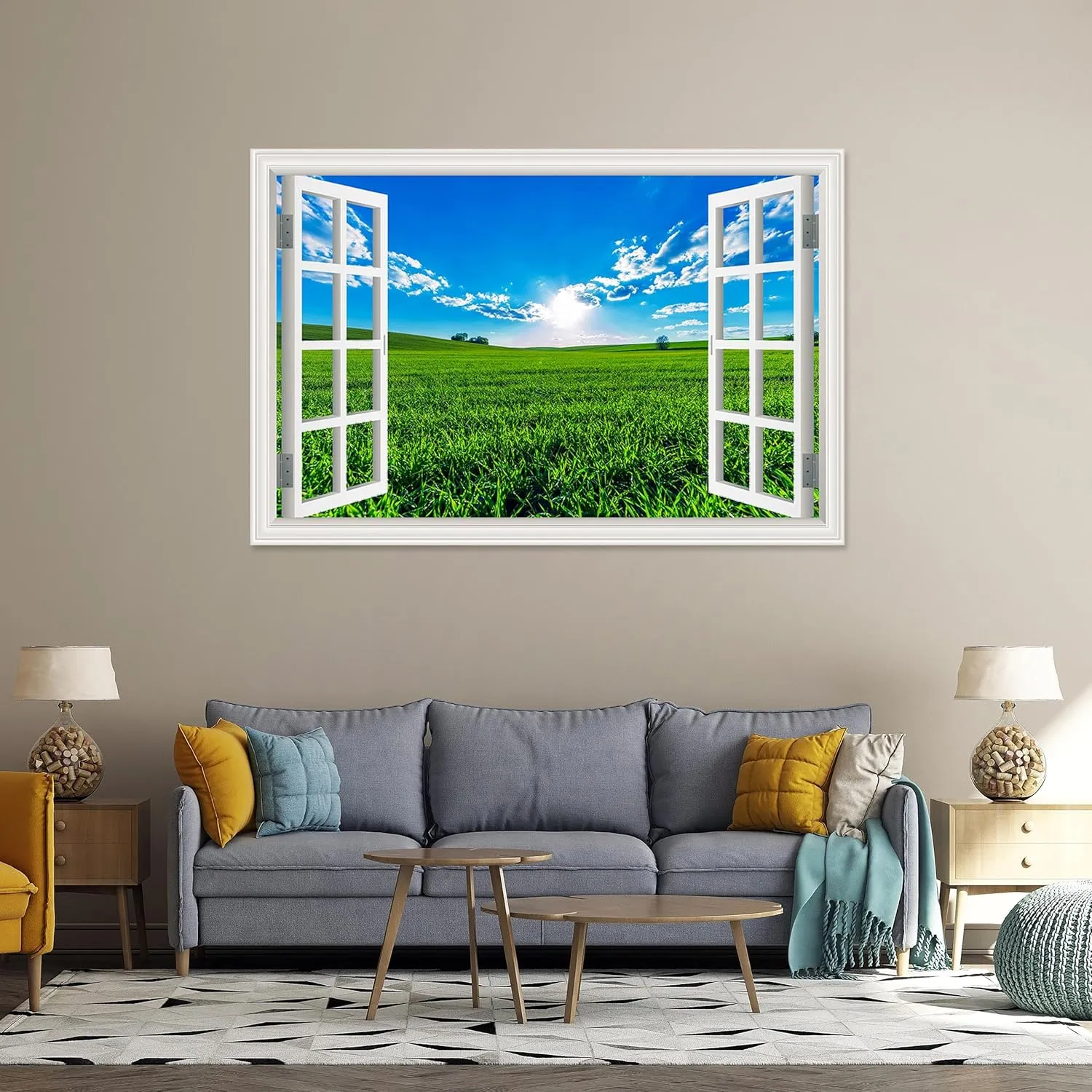 Wall Art Window Frame. Fake Window View Natural landscape Print. Window Canvas Wall Art Beautiful Prairie Scenery Painting Decor for Home Walls 60x100cm-23.6x39in Frameless