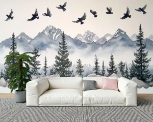 Wall Sticker/Wallpaper Green Forest Watercolor Woodland Crows Flight Mountain Pine Trees Silk Wall Mural, Not Peel and Stick Wall Paper Decorative for Living Room Bedroom 172x120inch