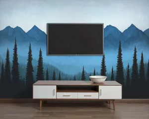 Wall Sticker/Wallpaper Nature Blue Mountain Foggy Forest Pine Trees Fog Sky Gradient Silk Wall Mural, Not Peel and Stick Wall Paper Decorative for Living Room Bedroom 120x96inch