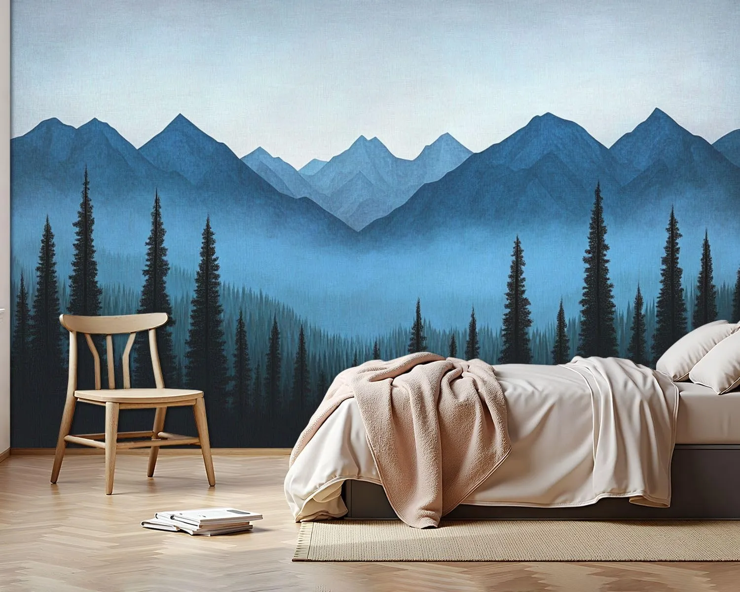 Wall Sticker/Wallpaper Nature Blue Mountain Foggy Forest Pine Trees Fog Sky Gradient Silk Wall Mural, Not Peel and Stick Wall Paper Decorative for Living Room Bedroom 120x96inch