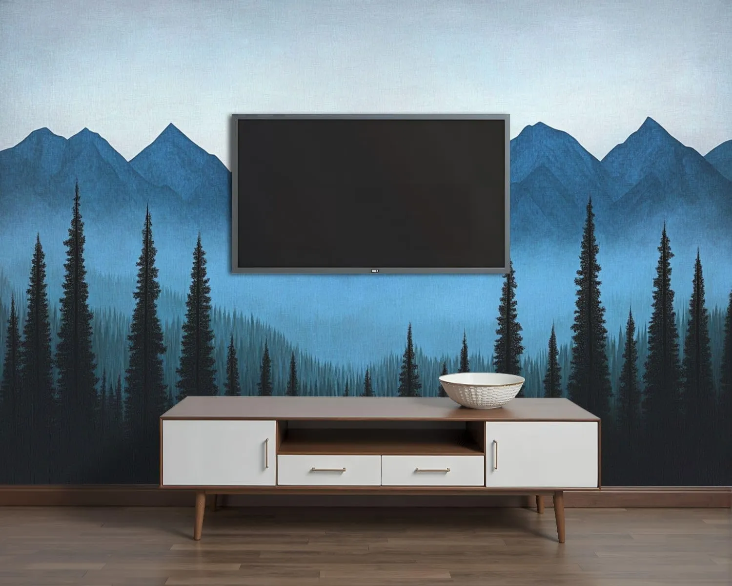 Wall Sticker/Wallpaper Nature Blue Mountain Foggy Forest Pine Trees Fog Sky Gradient Silk Wall Mural, Not Peel and Stick Wall Paper Decorative for Living Room Bedroom 120x96inch