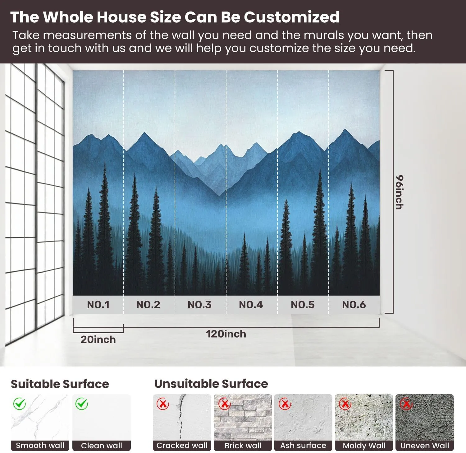 Wall Sticker/Wallpaper Nature Blue Mountain Foggy Forest Pine Trees Fog Sky Gradient Silk Wall Mural, Not Peel and Stick Wall Paper Decorative for Living Room Bedroom 120x96inch