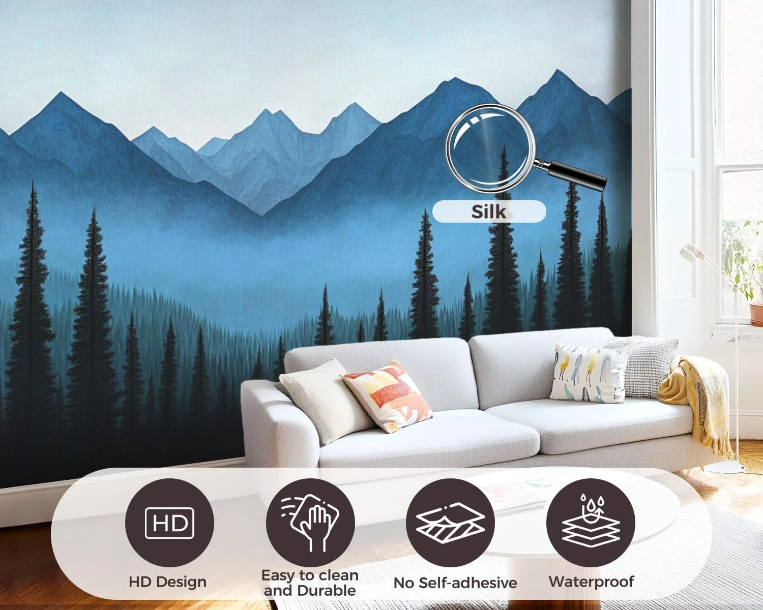 Wall Sticker/Wallpaper Nature Blue Mountain Foggy Forest Pine Trees Fog Sky Gradient Silk Wall Mural, Not Peel and Stick Wall Paper Decorative for Living Room Bedroom 120x96inch