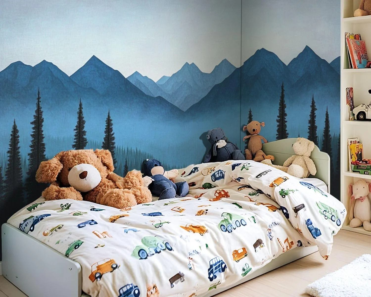 Wall Sticker/Wallpaper Nature Blue Mountain Foggy Forest Pine Trees Fog Sky Gradient Silk Wall Mural, Not Peel and Stick Wall Paper Decorative for Living Room Bedroom 120x96inch