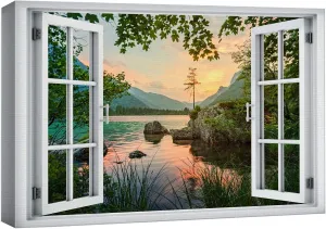 wall26 Canvas Print Wall Art Window View Serene Mountain Lake at Sunset Open Window Illusion Landscape Photography Realism Rustic Colorful Relax/Calm Ultra for Living Room, Bedroom, Office - 12"x18"