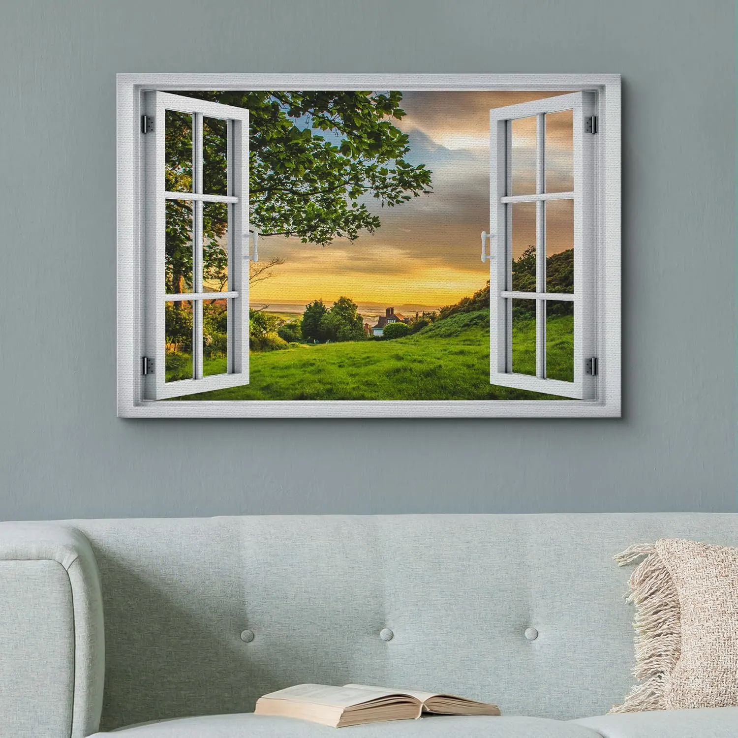 wall26 Canvas Print Wall Art Window View Serene Mountain Lake at Sunset Open Window Illusion Landscape Photography Realism Rustic Colorful Relax/Calm Ultra for Living Room, Bedroom, Office - 12"x18"