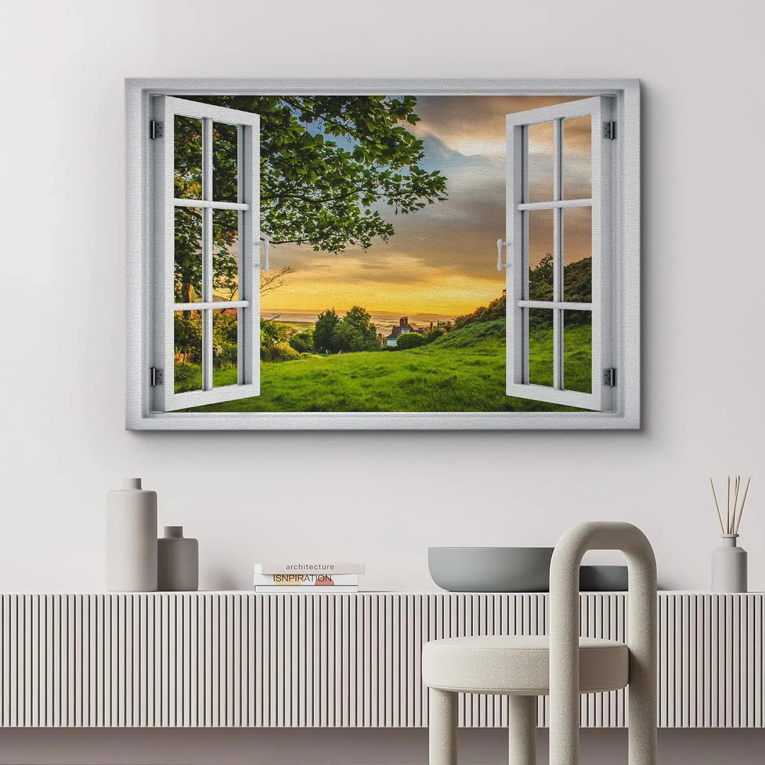 wall26 Canvas Print Wall Art Window View Serene Mountain Lake at Sunset Open Window Illusion Landscape Photography Realism Rustic Colorful Relax/Calm Ultra for Living Room, Bedroom, Office - 12"x18"