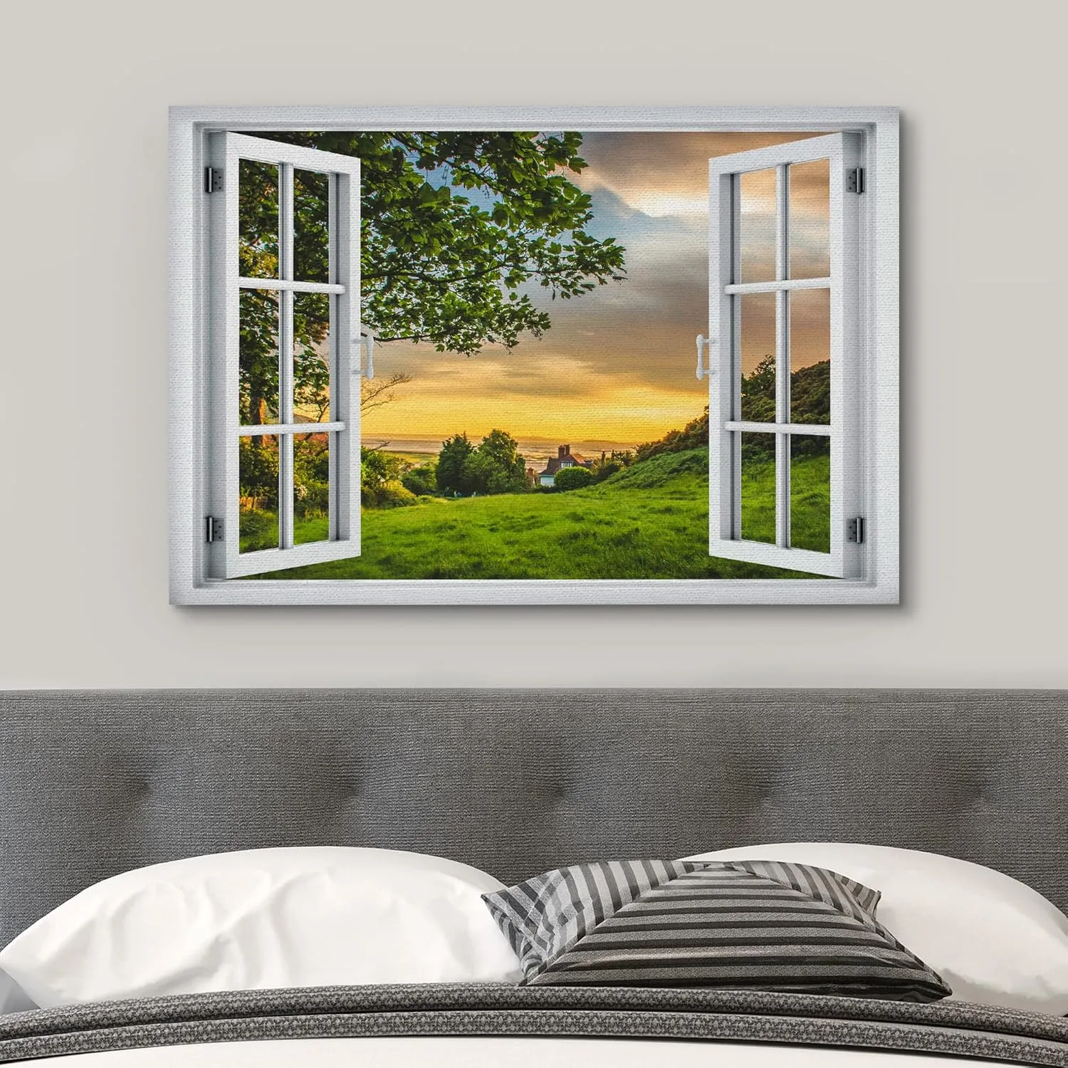 wall26 Canvas Print Wall Art Window View Serene Mountain Lake at Sunset Open Window Illusion Landscape Photography Realism Rustic Colorful Relax/Calm Ultra for Living Room, Bedroom, Office - 12"x18"