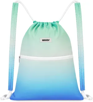WANDF Drawstring Backpack Sports Gym Bag with Shoulder Pads Water Resistant String Bag Cinch Bag for Women Men (Blue-Green Gradient)