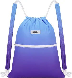 WANDF Drawstring Backpack Sports Gym Bag with Shoulder Pads Water Resistant String Cinch Bag for Women Men (Blue Gradient)