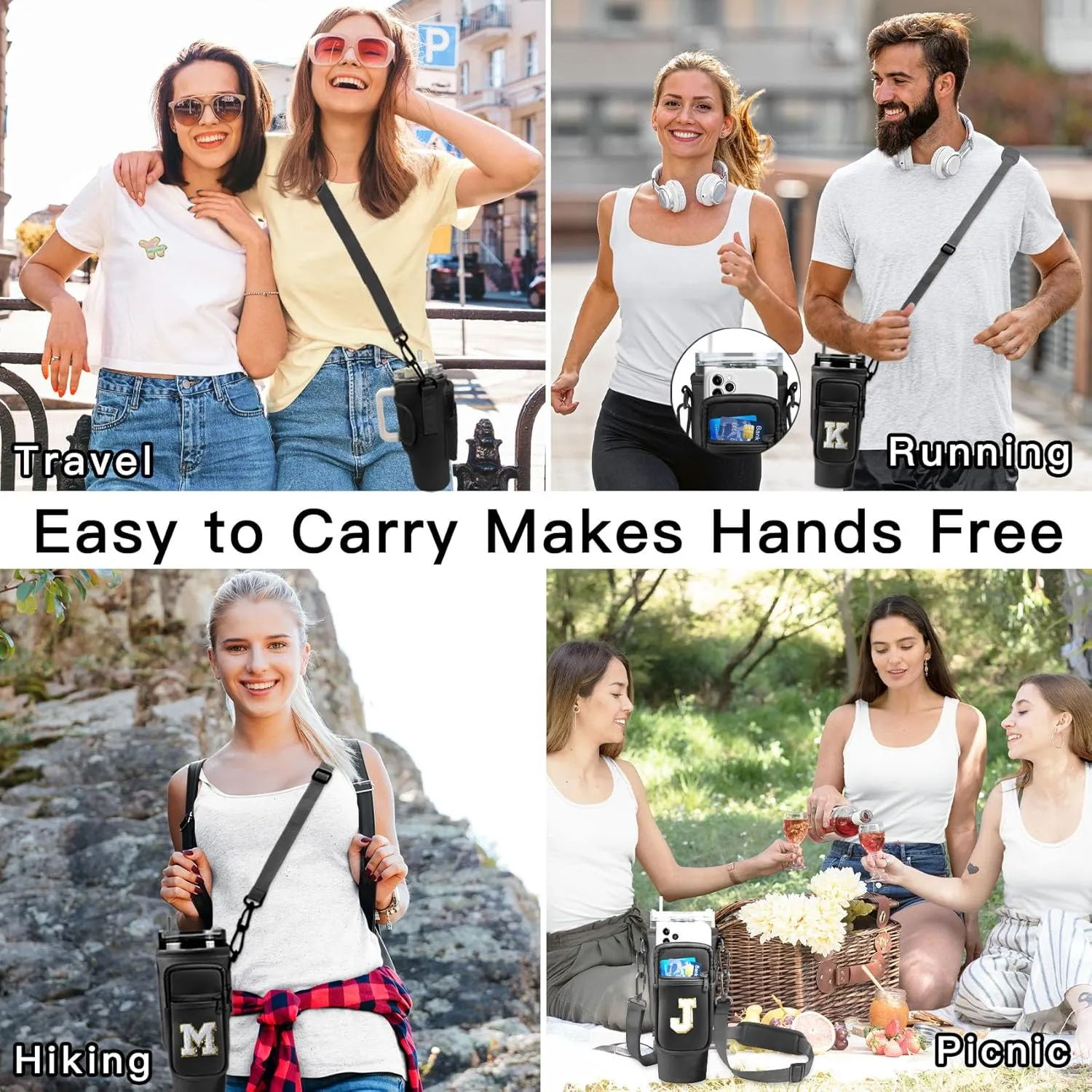 Water Bottle Sling Bag with Phone Pocket for Stanley 40oz Tumbler Cup Accessories,Chenille Letter Water Bottle Holder Pouch with Adjustable Shoulder Strap for Outdoor Activities(Black S)