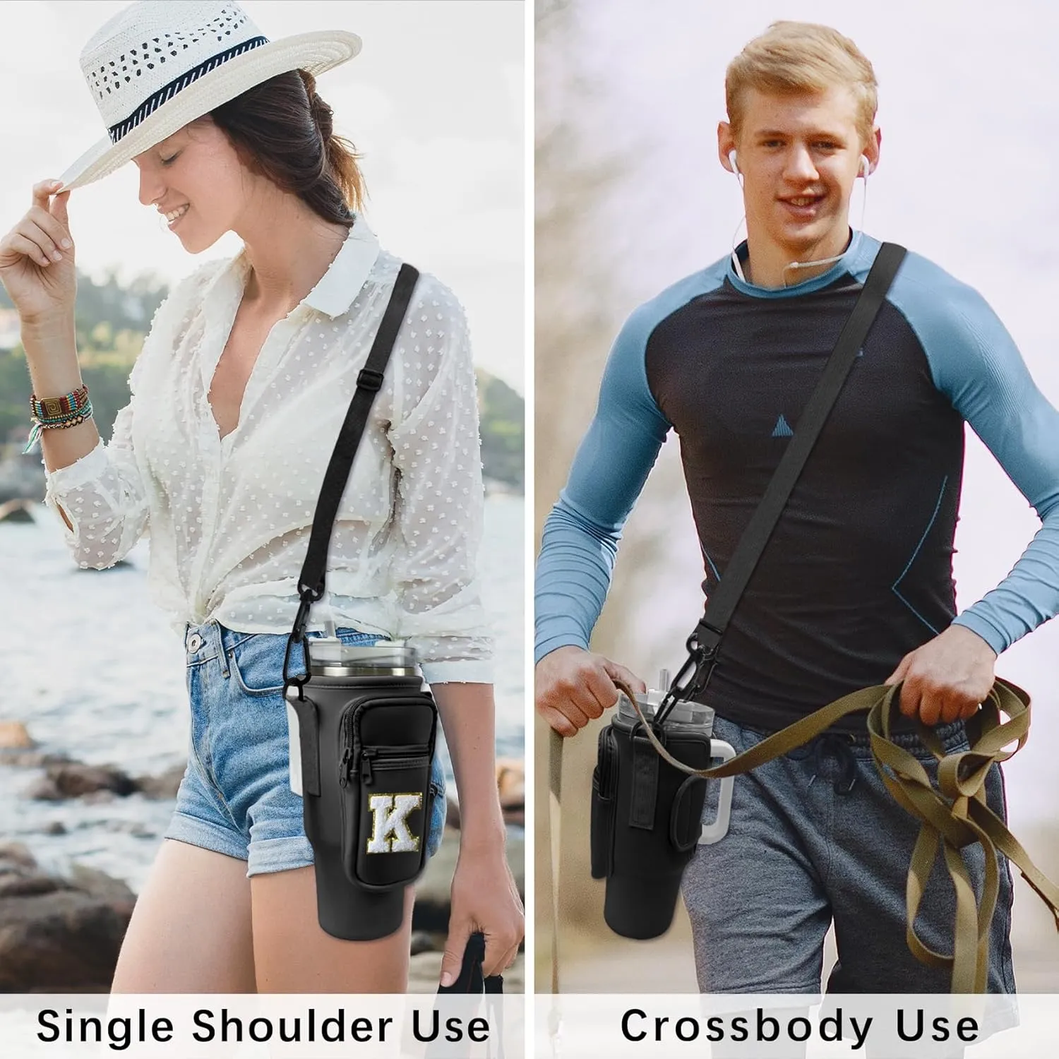 Water Bottle Sling Bag with Phone Pocket for Stanley 40oz Tumbler Cup Accessories,Chenille Letter Water Bottle Holder Pouch with Adjustable Shoulder Strap for Outdoor Activities(Black S)